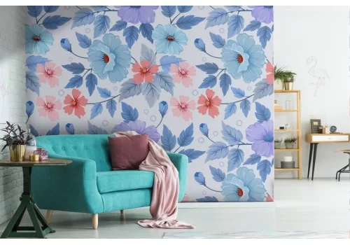 Carta da Parati fiori natura vintage blu.