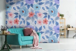 Carta da Parati fiori natura vintage blu.