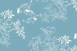 Oriental nature stylized wallpaper with flowers and carp