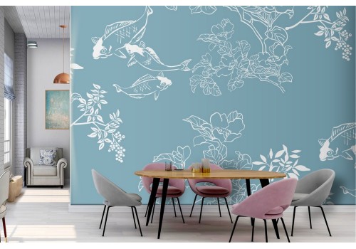 Oriental nature stylized wallpaper with flowers and carp