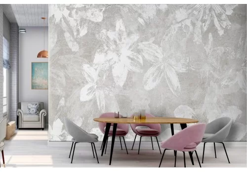 Carta da Parati fiori bianchi astratti su cemento natura urban