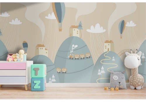 Children's wallpaper with trains and hot air balloons