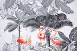 Tropical nature wallpaper with flamingos vintage landscape