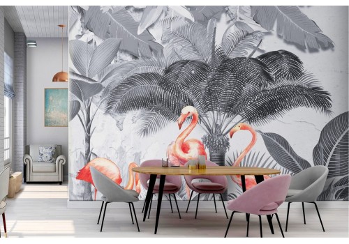 Tropical nature wallpaper with flamingos vintage landscape