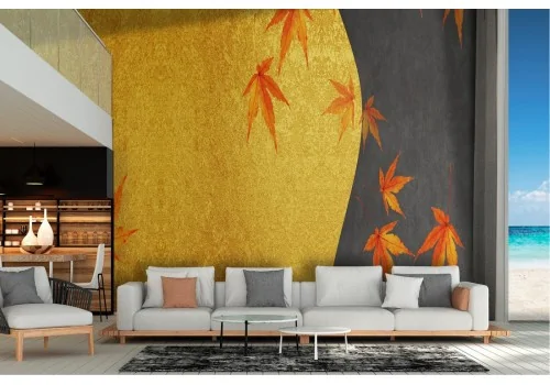Wallpaper with cement surface in oriental style with leaves