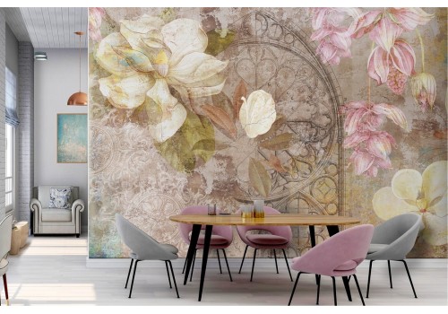 Vintage flower decoration wallpaper on concrete