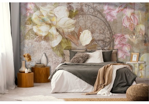 Carta da Parati decorazione vintage fiori su cemento 2