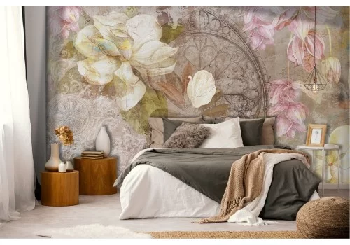 Carta da Parati decorazione vintage fiori su cemento 2