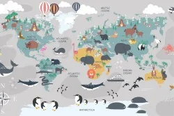 Children's world map wallpaper with animals