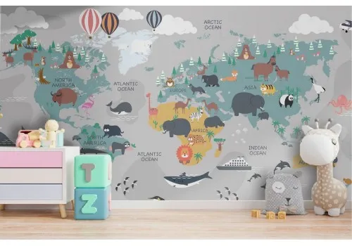 Children's world map wallpaper with animals 2