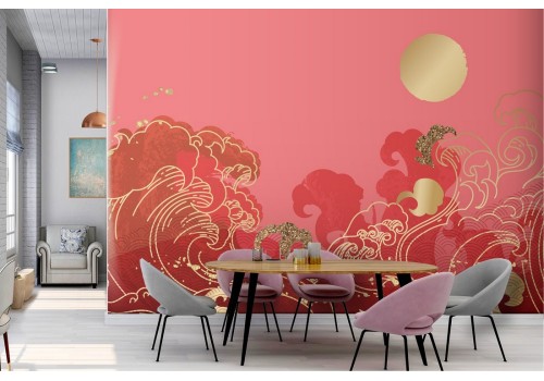 Carta da Parati decorazione onde paesaggio orientale oro