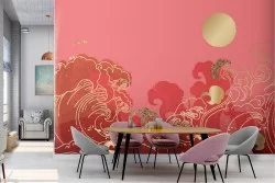 Carta da Parati decorazione onde paesaggio orientale oro