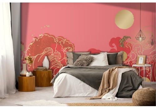 Carta da Parati decorazione onde paesaggio orientale oro 2