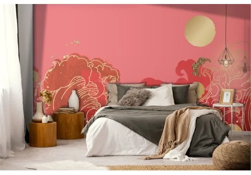 Wallpaper decoration golden oriental landscape waves 2