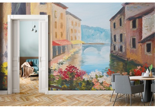 Wallpaper painted city with river