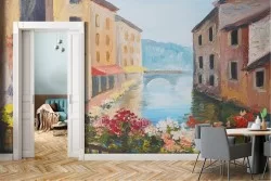 Carta da Parati dipinto città con fiume