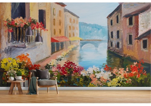 Wallpaper painted city with river 2