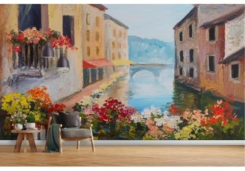 Wallpaper painted city with river 2