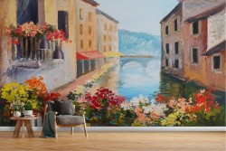 Wallpaper painted city with river