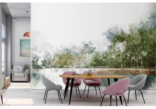 Carta da Parati paesaggio bosco sul lago natura acquerello