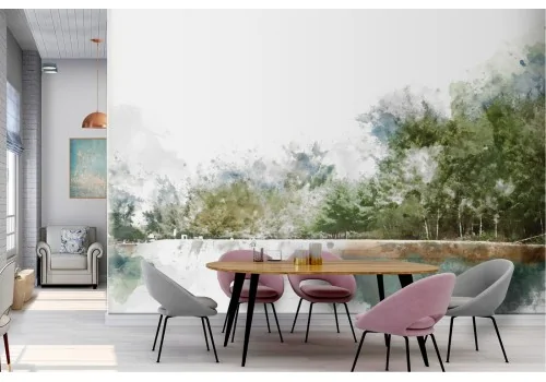 Wallpaper landscape forest on the lake nature watercolor