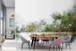 Carta da Parati paesaggio bosco sul lago natura acquerello