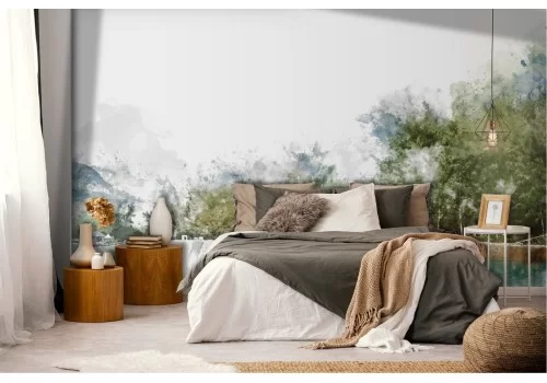 Carta da Parati paesaggio bosco sul lago natura acquerello 2