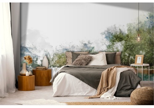 Wallpaper landscape forest on the lake nature watercolor 2