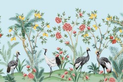 Carta da Parati natura stilizzata tropicale animali e fiori