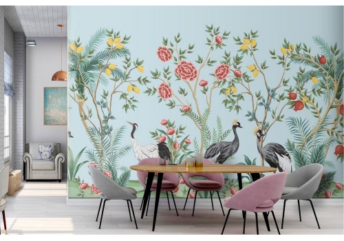 Wallpaper of stylized nature tropical animals and flowers