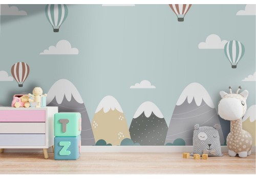 Wallpaper of hot air balloons and mountain landscape for children