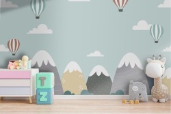 Wallpaper of hot air balloons and mountain landscape for children