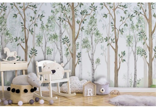 Carta da Parati illustrazione bambini bosco alberi 2