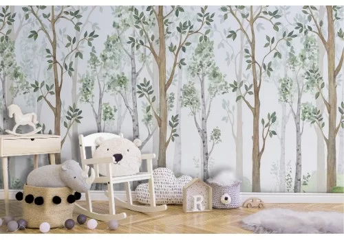 Carta da Parati illustrazione bambini bosco alberi 2