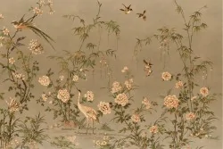 Tropical nature wallpaper with vintage flowers and animals