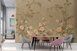 Tropical nature wallpaper with vintage flowers and animals