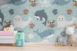 Children's Wallpaper with Seals and Whales Animals