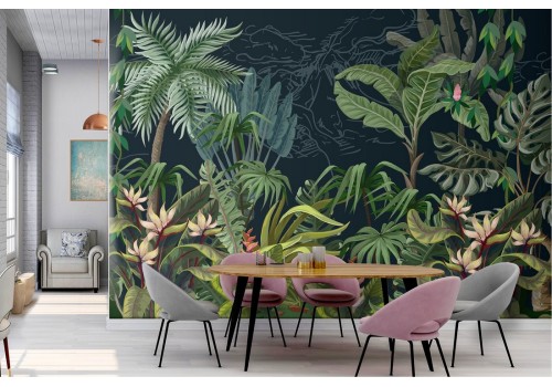 Tropical forest green leaves wallpaper illustration