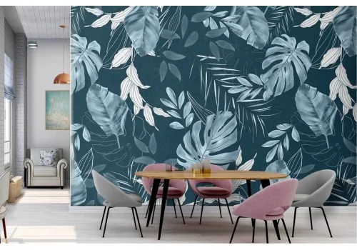 Blue tropical leaves wallpaper modern design 2