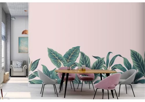 Carta da Parati foglie tropicali natura sfondo rosa 2