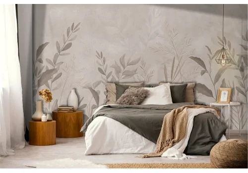 Wallpaper with stylized leaves on concrete surface