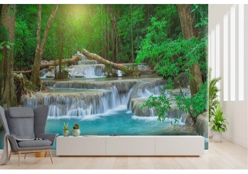 Wallpaper waterfalls in the forest nature landscape