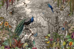 Carta da Parati foresta tropicale e pavoni natura vintage