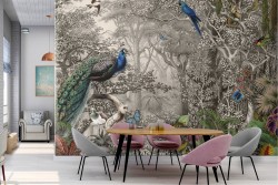 Carta da Parati foresta tropicale e pavoni natura vintage