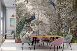 Tropical forest and peacock vintage nature wallpaper