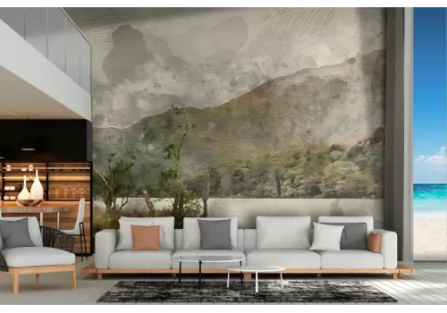 Carta da Parati illustrazione lago con montagne vintage