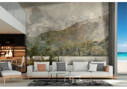 Wallpaper illustration of vintage lake with mountains