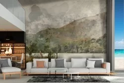 Carta da Parati illustrazione lago con montagne vintage