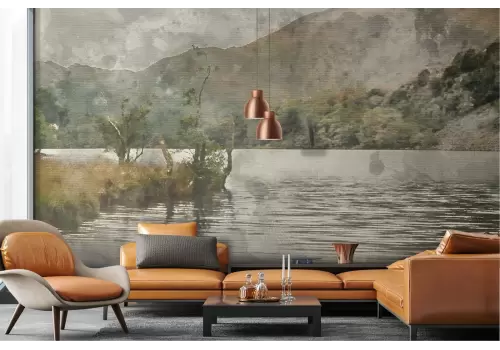 Carta da Parati illustrazione lago con montagne vintage 2