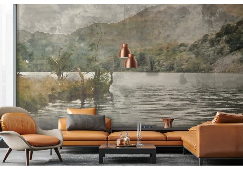 Wallpaper illustration of a vintage lake with mountains 2